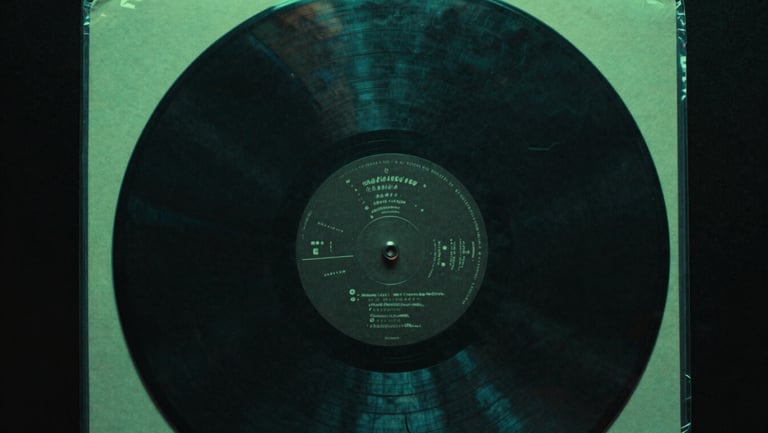 A raw motion graphic still of distorted vinyl record packaging, acid green rim lighting, high-contrast dark 35mm film grain