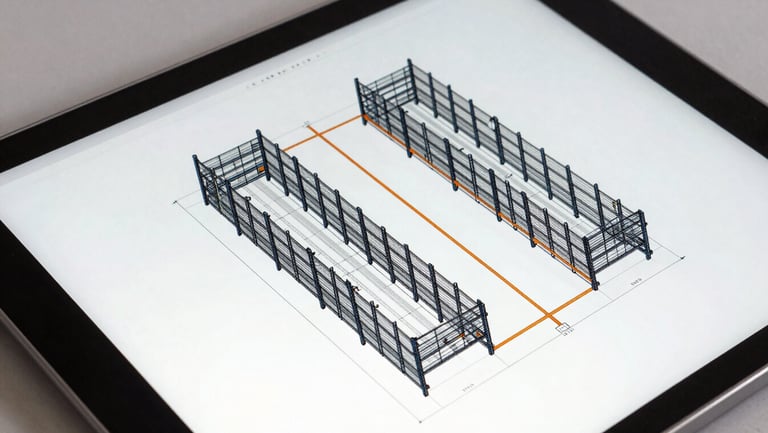A crisp top-down 3D CAD layout wireframe of a warehouse floor plan on a tablet screen, displaying rack configurations and aisle widths with safety-orange highlighting lines, bright technical lighting.