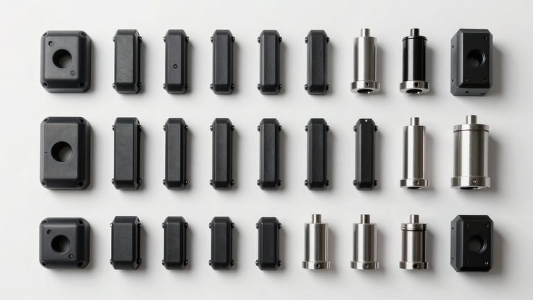 Overhead flat-lay of precision-moulded plastic parts and machined metal components arranged in organized rows on a white studio surface, controlled strobe lighting revealing sharp edges and surface finish, no people, no lifestyle context