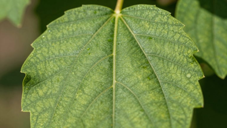 Extreme macro close-up of healthy orchard leaves showing zero nutrient deficiency, deep natural green veins under bright sunlight, clinical clarity.