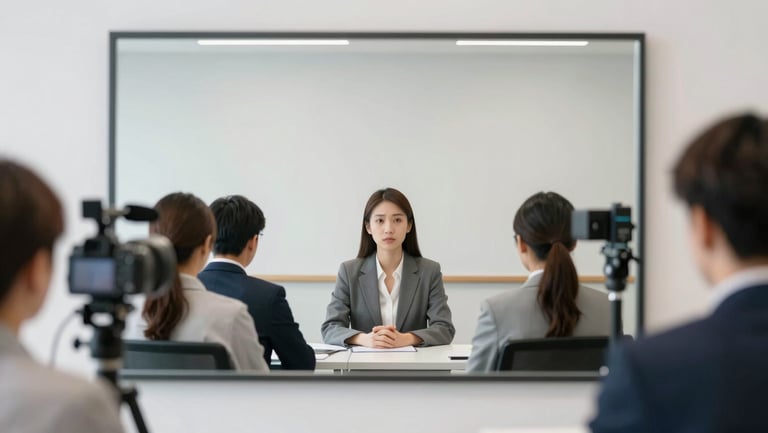 A high-end, clean focus group observation room behind a double-sided mirror, professional recording equipment visible, bright neutral lighting, 35mm