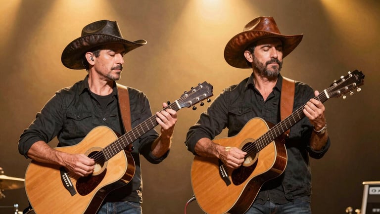 Duo Paulo Cruz and Eduardo performing on stage under warm golden spotlights, wearing traditional leather hats, holding acoustic instruments.
