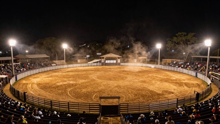 Wide shot of a massive traditional rodeo arena in Brazil at night, warm stage spotlights illuminating the arena, dust in the air, crowd blurred in background.