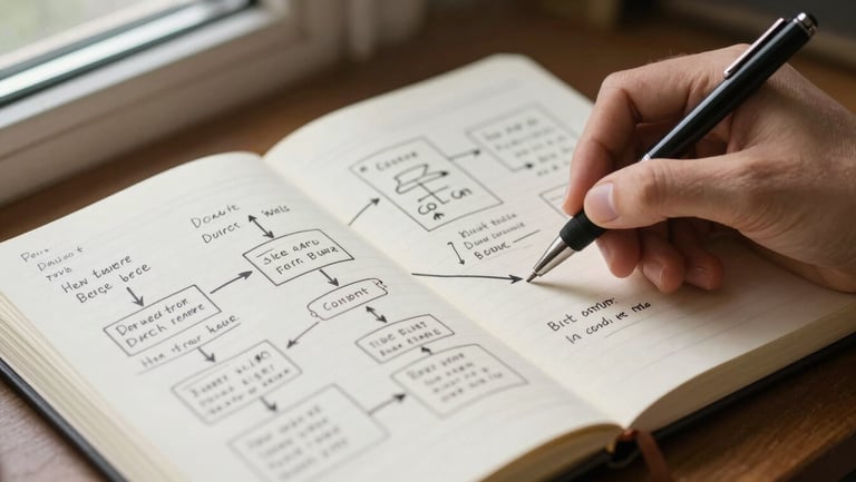 Close-up of a notebook open to a page dense with handwritten frameworks and arrows, a hand holding a pen mid-annotation, soft natural window light from the left, editorial and precise
