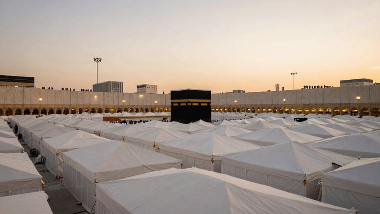 The organized, pristine white tents of Mina under a soft dawn sky during the Hajj pilgrimage, capturing scale and peaceful order