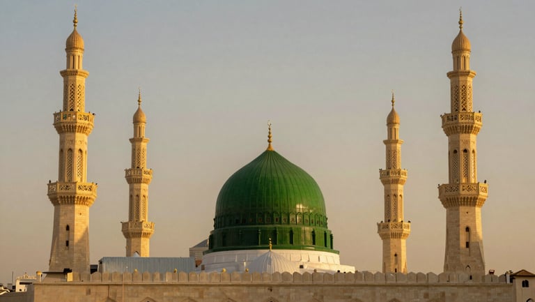 Al-Masjid an-Nabawi in Medina at golden hour, majestic green dome and elegant white minarets under a warm sky, high-end travel photography