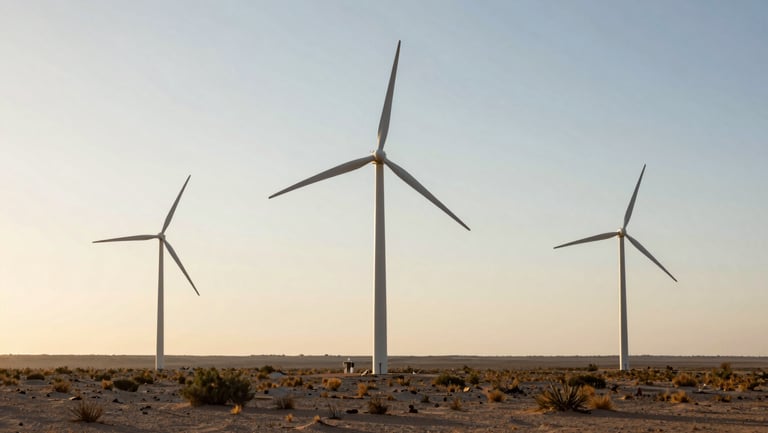 Panoramic wide shot of a large wind turbine installation in an open Gulf desert landscape, three turbines in mid-ground and background under a bright hazy sky, sparse scrubland at the base, golden hour light warming the steel towers from the left, vast empty terrain extending to the right