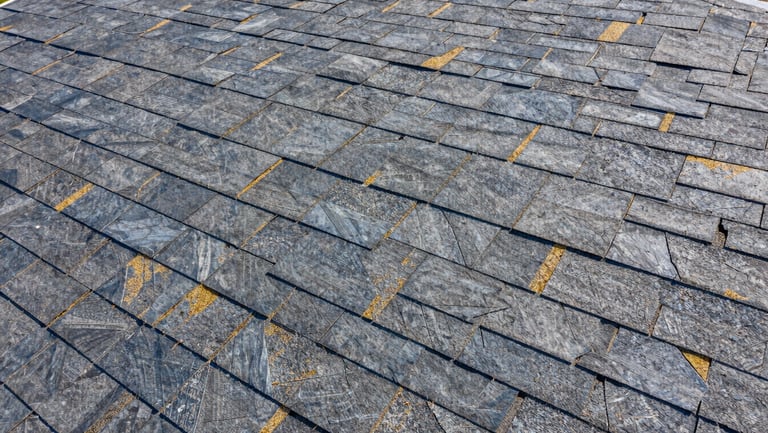 Close-up of flawless architectural shingle alignment on a steep roof, bright midday sun, deep slate tones.