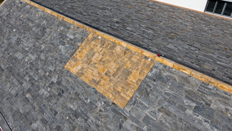 Drone view of a high-resolution roof assessment scan, sharp detail, high-contrast slate and amber tones.