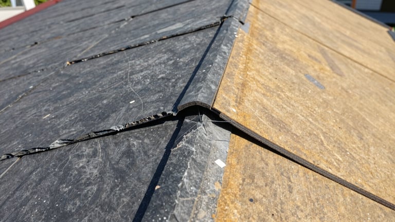 Tight macro detail of waterproof sealing application on a damaged roof valley, precise hand work, natural daylight.