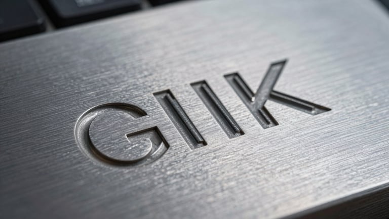 Extreme close-up of brushed metal surface with precision-cut lettering, cool studio light raking across the material to reveal texture and edge finish, no people