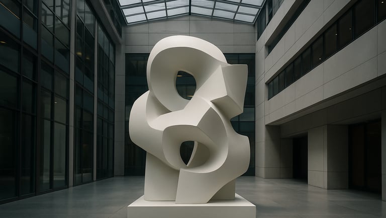 Wide shot of a large FRP sculpture installed in a corporate atrium, cool overhead daylight, smooth painted surface, geometric abstract form, no people, low horizon framing showing full height