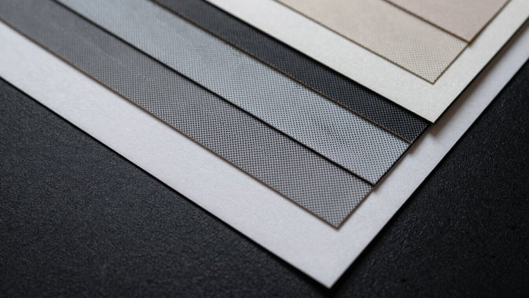 Close-up flat-lay of commercial print samples on a matte black surface — precise color registration, halftone dot detail visible, cool studio lighting, no people