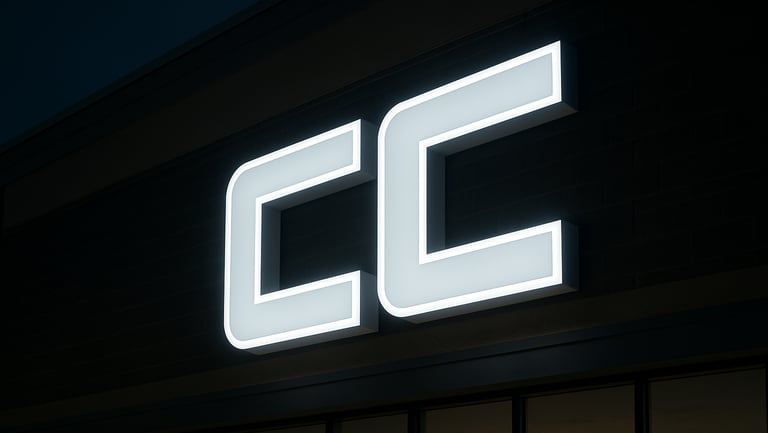 Wide environmental photograph of a large illuminated 3D sign mounted on a retail exterior at night, cool white light, sharp edge detail on acrylic and aluminum channel letters, no people