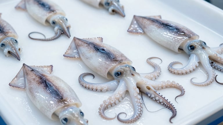 High-key industrial shot of clean, processed octopus and squid on a sterile white background, sharp focus, 35mm.