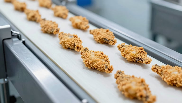 Crisp photograph of pre-fried breaded seafood portions on a cold-chain conveyor belt, bright industrial lighting.