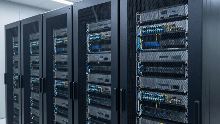 Perfectly aligned server racks with structured cabling in a modern data center, cool slate tones