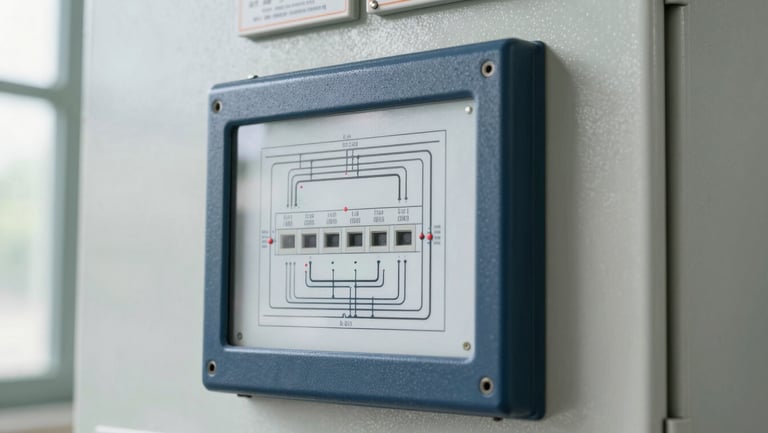 Close-up of industrial electrical control panel with clean wiring diagrams, bright natural light