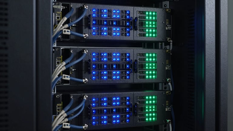 Macro detail shot of structured server racks with cool blue and green indicator lights, showcasing technological precision and organized data lines.