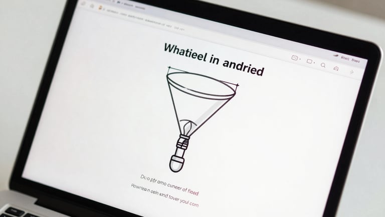 Close-up overhead shot of a laptop screen displaying a funnel landing page wireframe with handwritten annotations in the margins, clean studio daylight, minimal desk surface visible at edges, high contrast black text on white