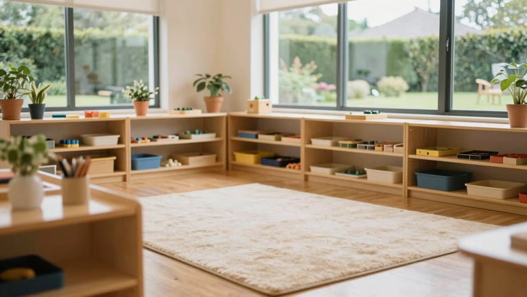 Wide environmental view of a spacious, organized preschool room. Low shelves hold neatly arranged sensory materials, a soft cream rug sits on the wooden floor, and large windows look out to a green garden.