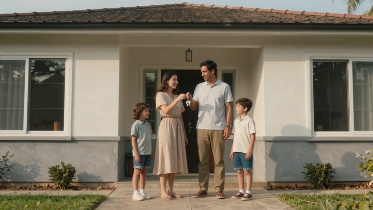 Wide shot of a family of four standing outside the entrance of a modest single-story home, natural afternoon light, the parents holding keys, children beside them, relaxed and genuine, no staging