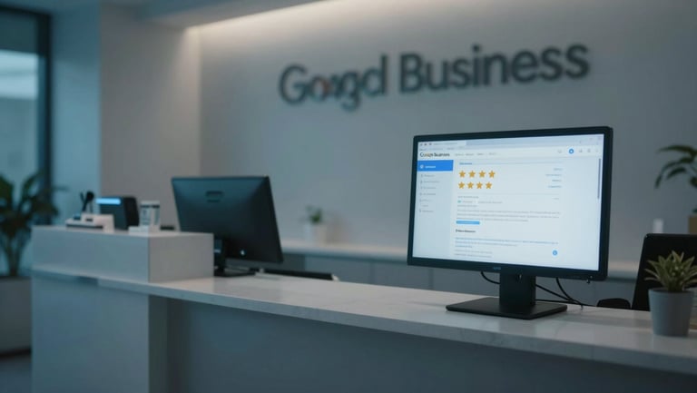 Wide shot of a modern service business interior — a sleek local med-spa reception area with ambient blue-tinted lighting, a monitor at the desk showing a Google Business profile with 5-star reviews, cool cinematic atmosphere, no people