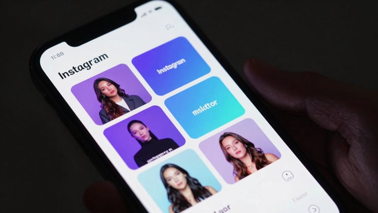 Close-up of a smartphone screen displaying a creator brand Instagram feed with high-contrast AI-generated video thumbnails, violet and cyan gradient color palette, cool studio lighting, held at a slight angle against a dark background
