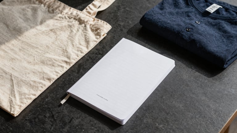 Flat-lay arrangement of branded merchandise — tote bag, printed notebook, and folded apparel on dark matte surface under north-facing daylight, showing print registration and fabric texture at close range