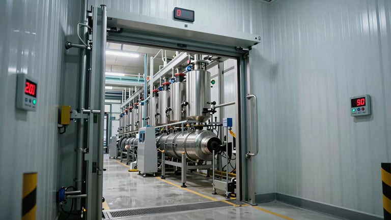 Wide angle view of an industrial processing line feeding into a cold storage airlock, bright daylight-driven LED lighting, digital temperature readouts visible on the adjacent wall.
