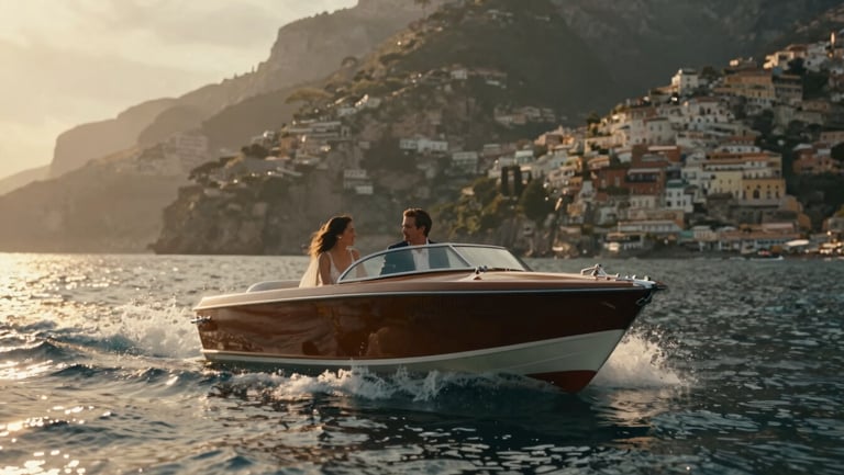 Cinematic wide 21:9 frame of a couple on a vintage speedboat in Amalfi, dramatic golden hour light, water splashing, shallow depth of field.
