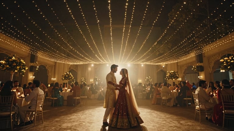 Cinematic wide 21:9 frame of a grand Indian wedding reception under thousands of fairy lights, couple dancing, dramatic low-light atmosphere, anamorphic flare.