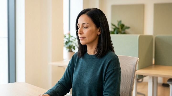 A woman practices mindfulness meditation and deep breathing at her office desk to reduce workplace stress.