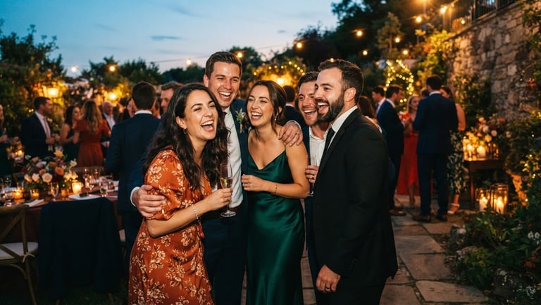 Candid wedding guests laughing together at dusk, warm ambient lighting, rich saturated tones, 35mm film grain, off-center composition.