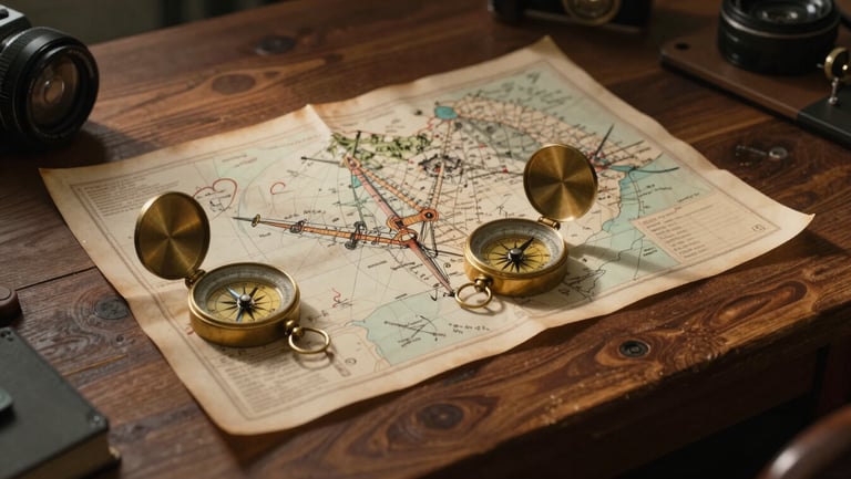 Wide environmental shot of a wooden desk with a brass compass and vintage marine charts, low-key dramatic side-lighting, deep shadows.