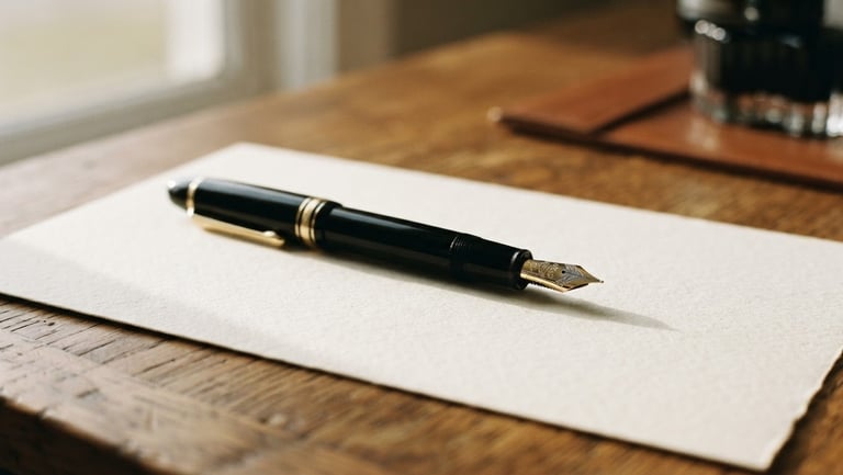 A close-up of an elegant fountain pen resting on heavy ivory paper on a warm wooden desk, soft natural window light casting long shadows, refined editorial feel.