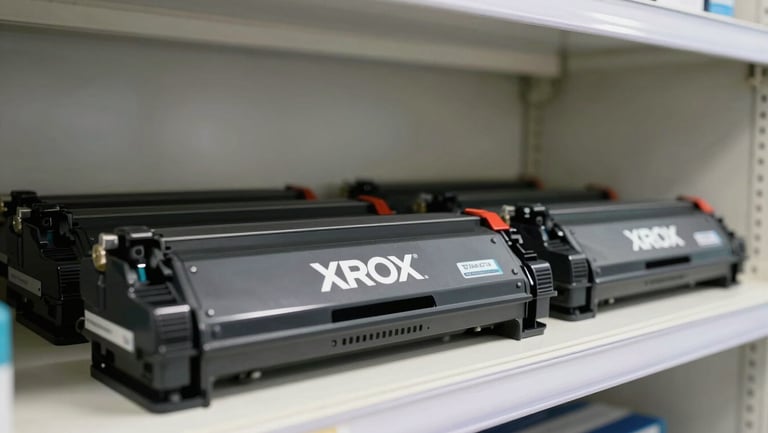 A neat row of genuine Xerox toner cartridges on a clean corporate storage shelf, bright professional lighting