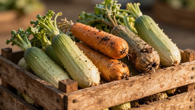A rustic wooden crate overflowing with seasonal Indian vegetables, freshly harvested with soil dust, golden hour light.
