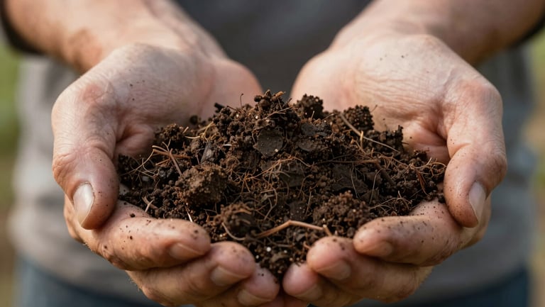 Macro shot of dark, rich soil teeming with organic matter, held gently in a farmer's hands under soft morning light.