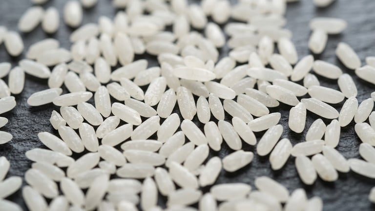 Crisp macro shot of raw Sona Masoori rice grains laid out on a clean, dark slate surface, bright neutral daylight, high-end commercial photography