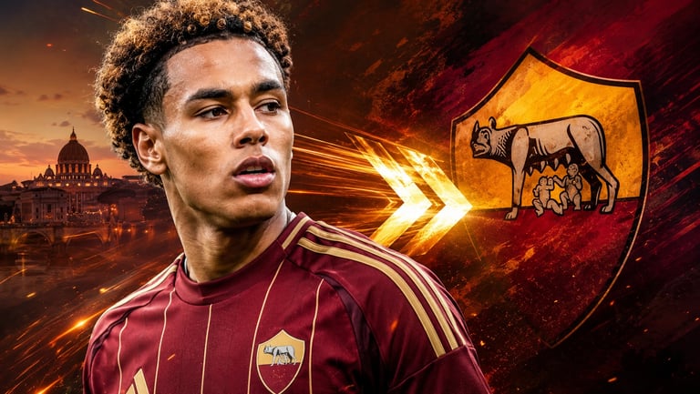 Footballer in AS Roma kit with team crest and St. Peter's Basilica backdrop.