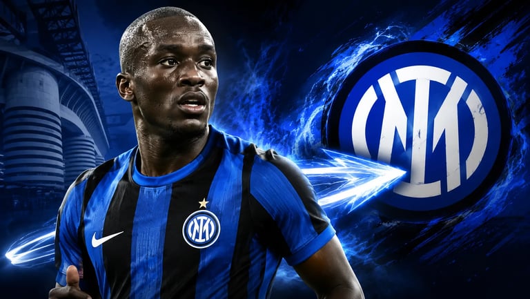 Romelu Lukaku in an Inter Milan jersey with the team logo and San Siro stadium in a blue graphic design.