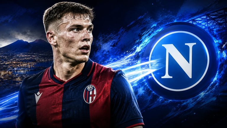 Footballer Sam Beukema in a Bologna FC kit next to a glowing SSC Napoli crest and city skyline.