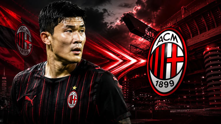 Kim Min-jae in AC Milan jersey with club logo and San Siro stadium background.