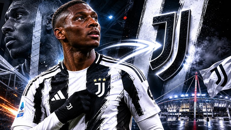 Juventus player in a black and white striped jersey stands before the stadium and team logo.
