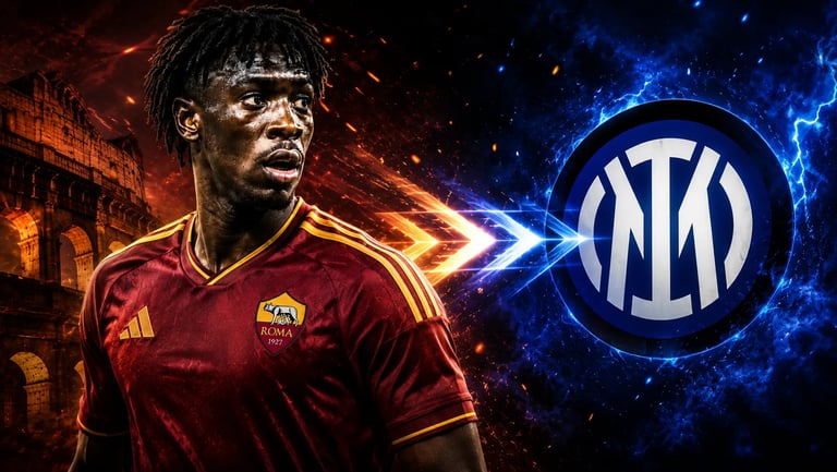 AS Roma player in red kit next to Inter Milan logo for a Serie A football match graphic.