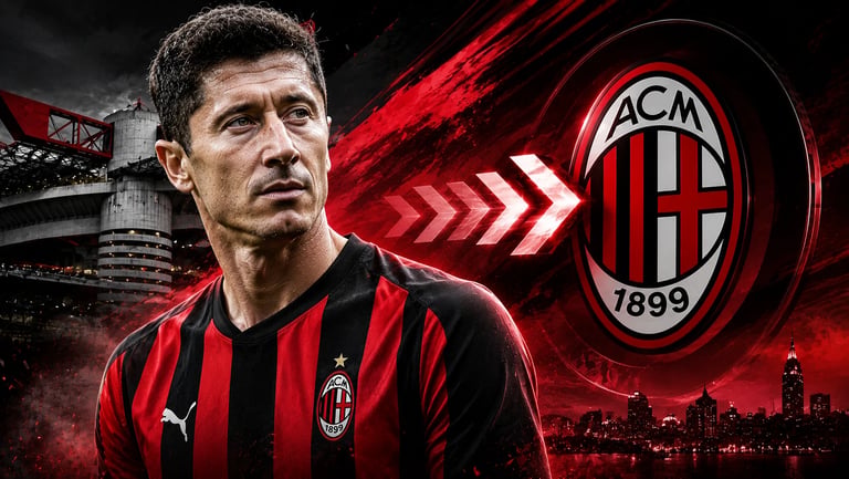 Robert Lewandowski in an AC Milan jersey with the club logo and San Siro stadium background.