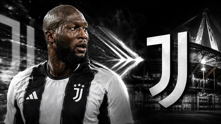 Romelu Lukaku in a Juventus soccer jersey edited onto a black and white background of the Allianz Stadium.