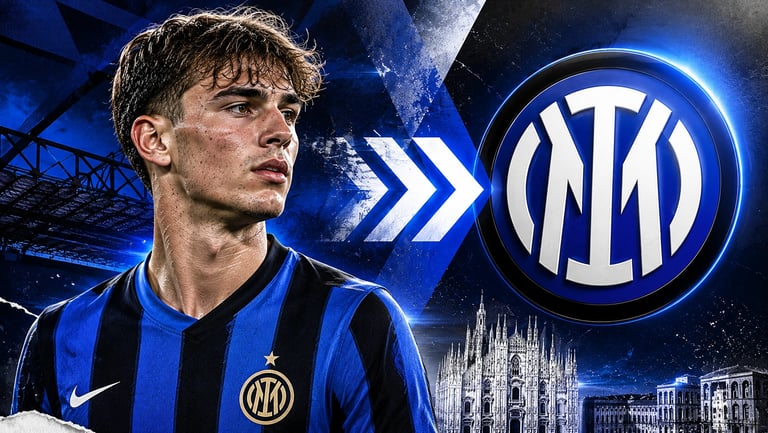 Inter Milan player in his black and blue kit, with the club's logo and San Siro stadium in the background.