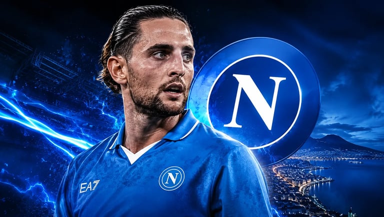 Professional footballer wearing an SSC Napoli jersey in front of the club logo and Naples city skyline.